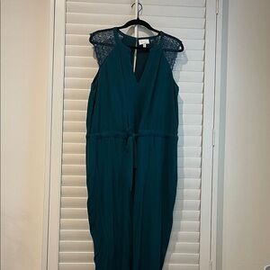 Anthropologie Greylin Deep Teal Lace-Shoulder Jumpsuit